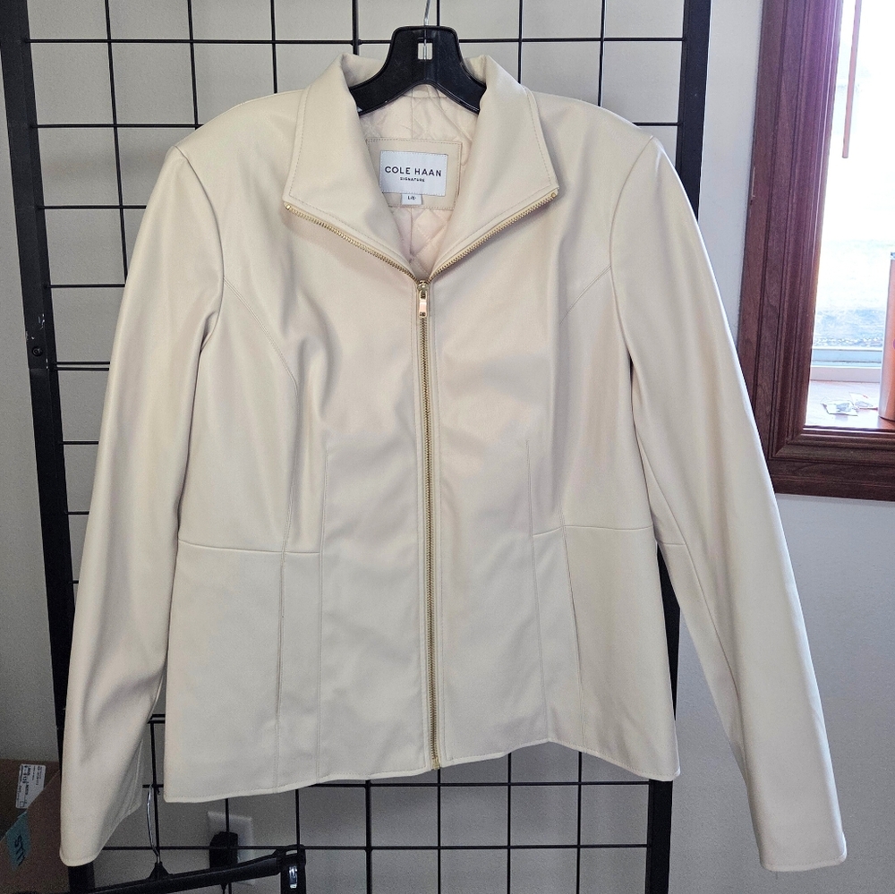 Cole Haan Cream Leather Jacket, Womens,  Zip-Front, Excellent Condition
